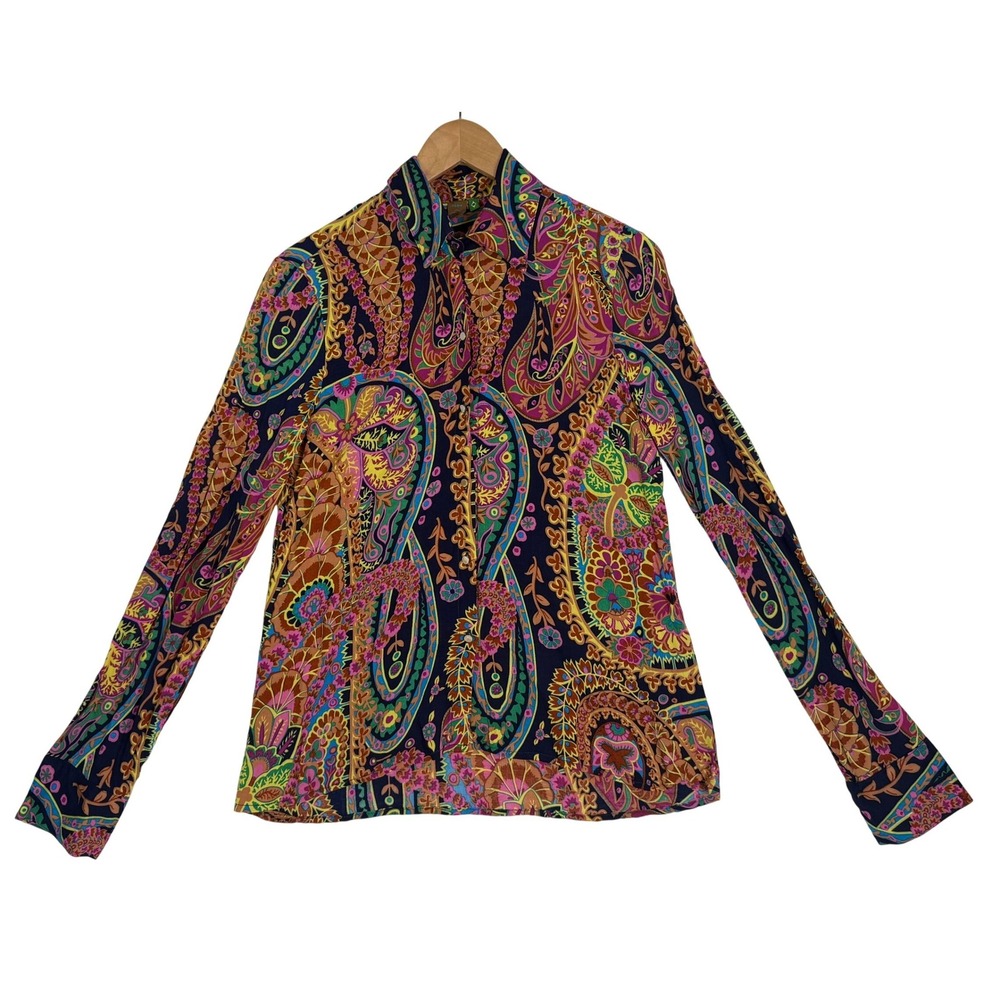 Vtg FARM Rio Brazil Paisley Floral Button Down Shirt Women's Small Colorful Boho